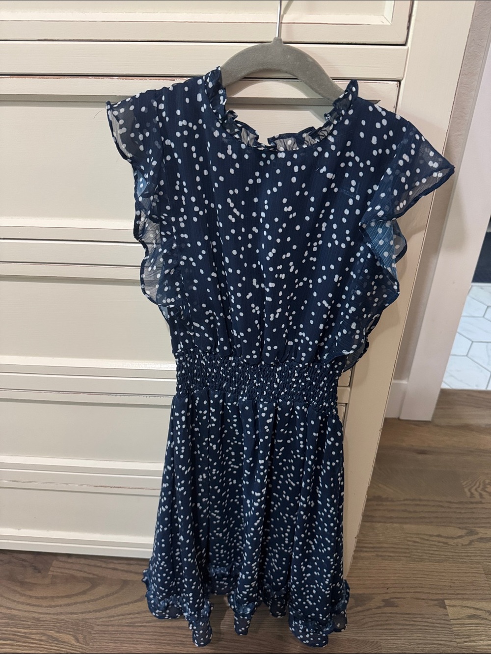 Navy Blue Polka Dot Ruffle Waist Dress for Girls